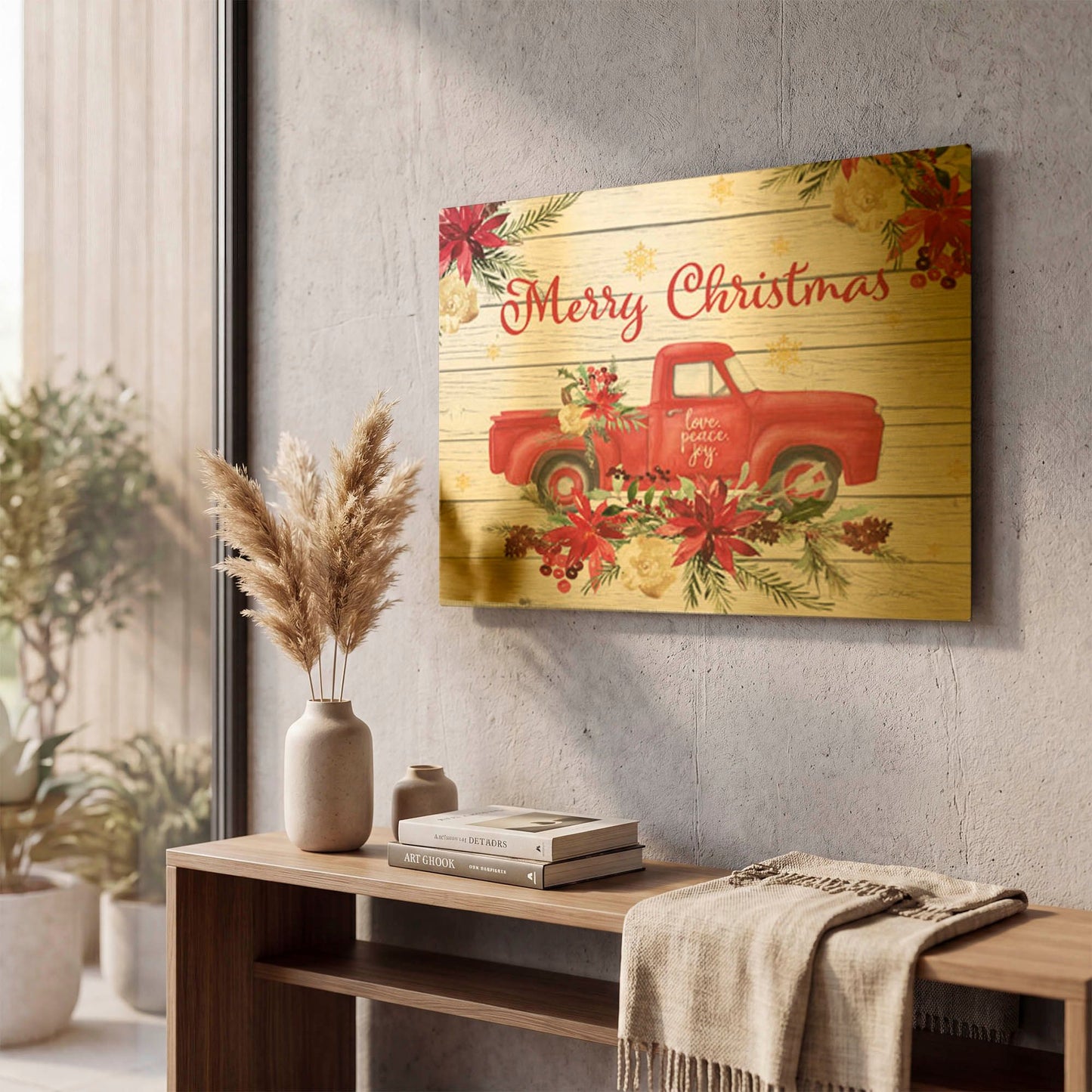 'Red Truck Floral Christmas' By Jean Plout Gold Metal Wall Art