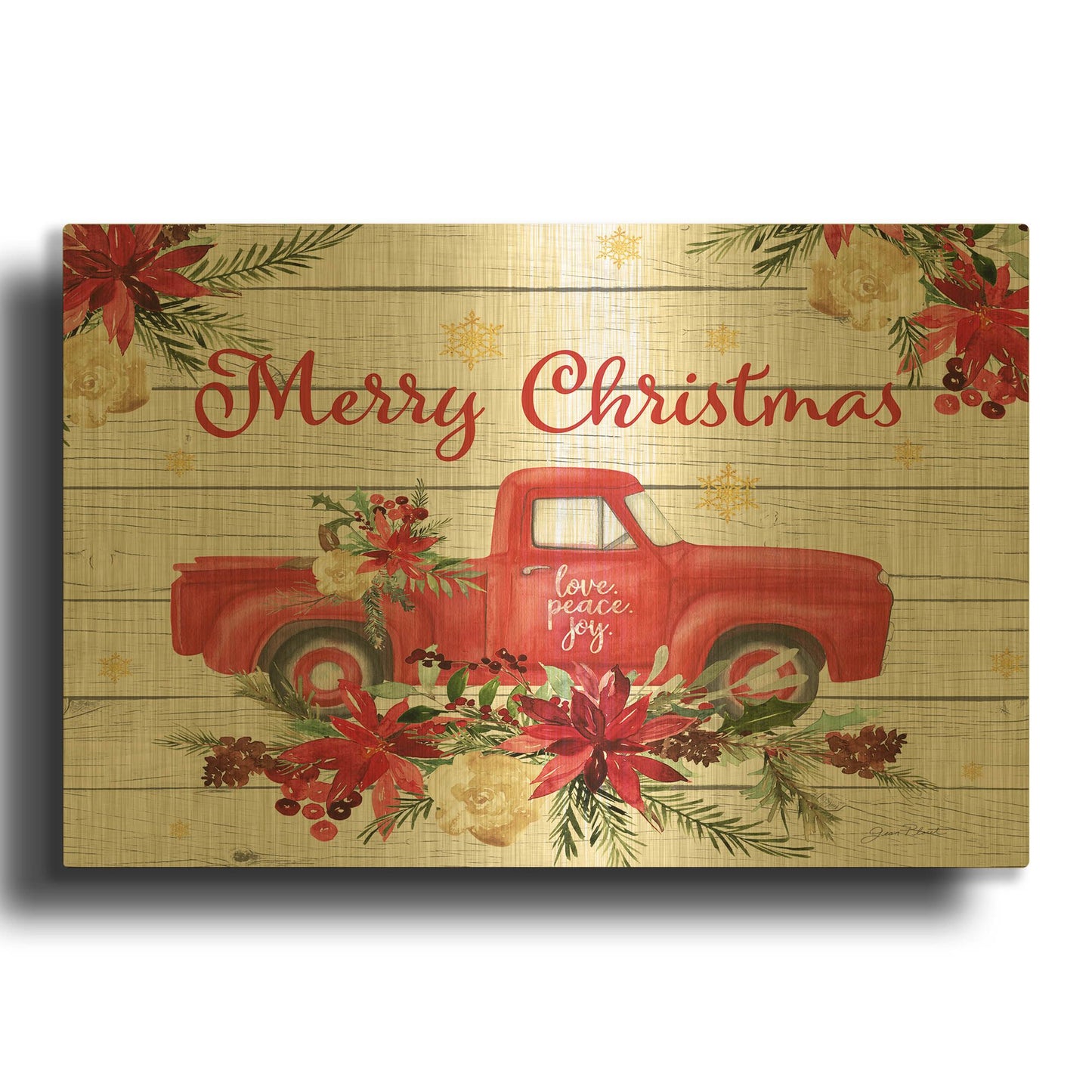 'Red Truck Floral Christmas' By Jean Plout Gold Metal Wall Art