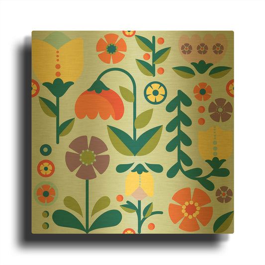 'Retro Floral Pattern A' By Jean Plout Gold Metal Wall Art