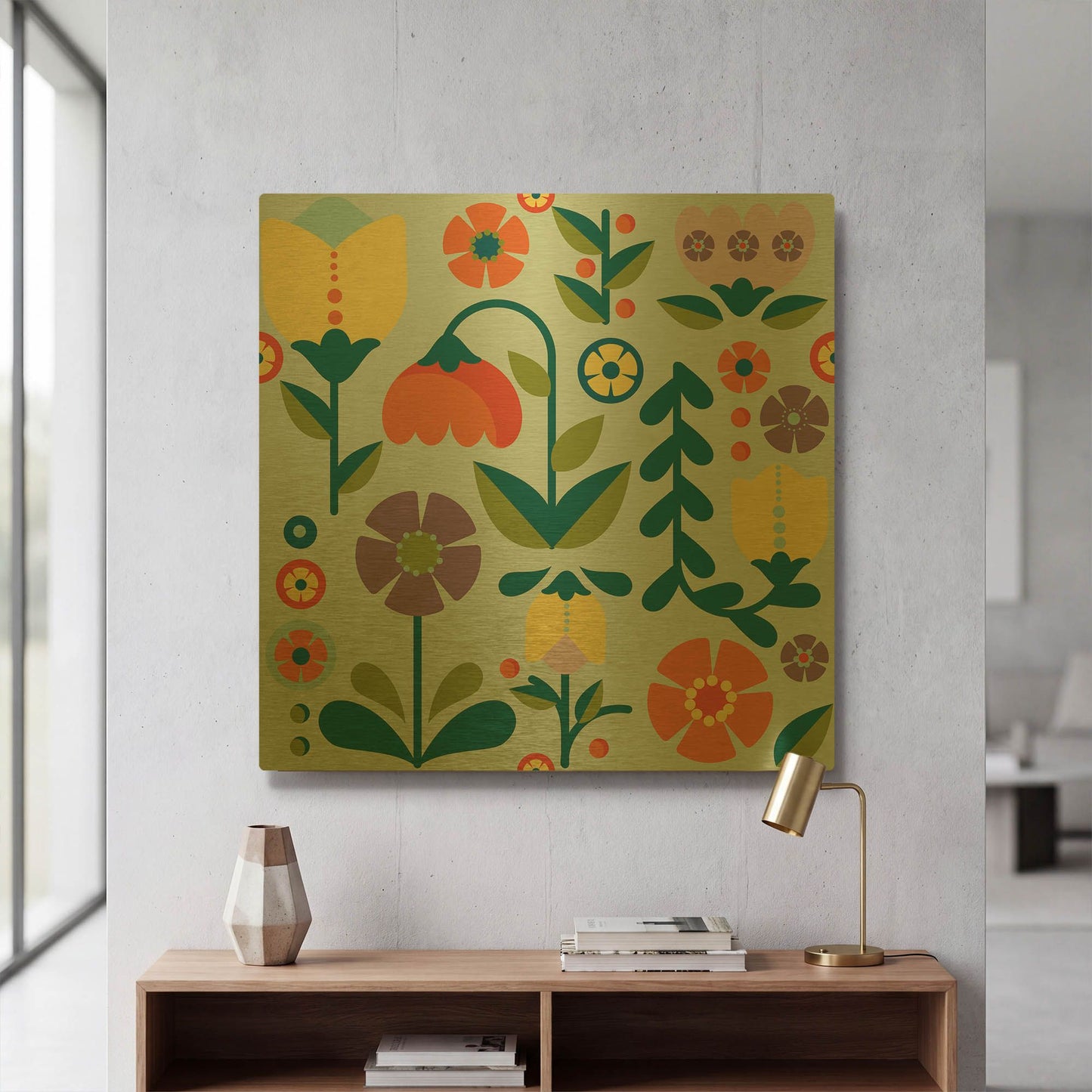 'Retro Floral Pattern A' By Jean Plout Gold Metal Wall Art