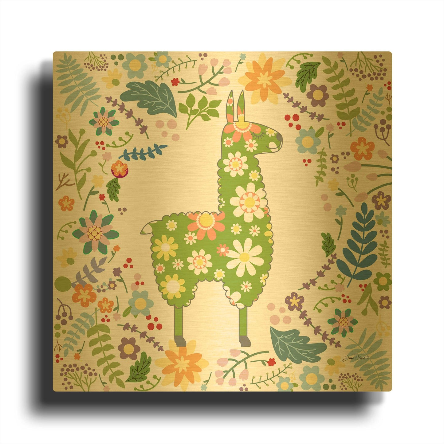 'Retro Llamas A' By Jean Plout Gold Metal Wall Art