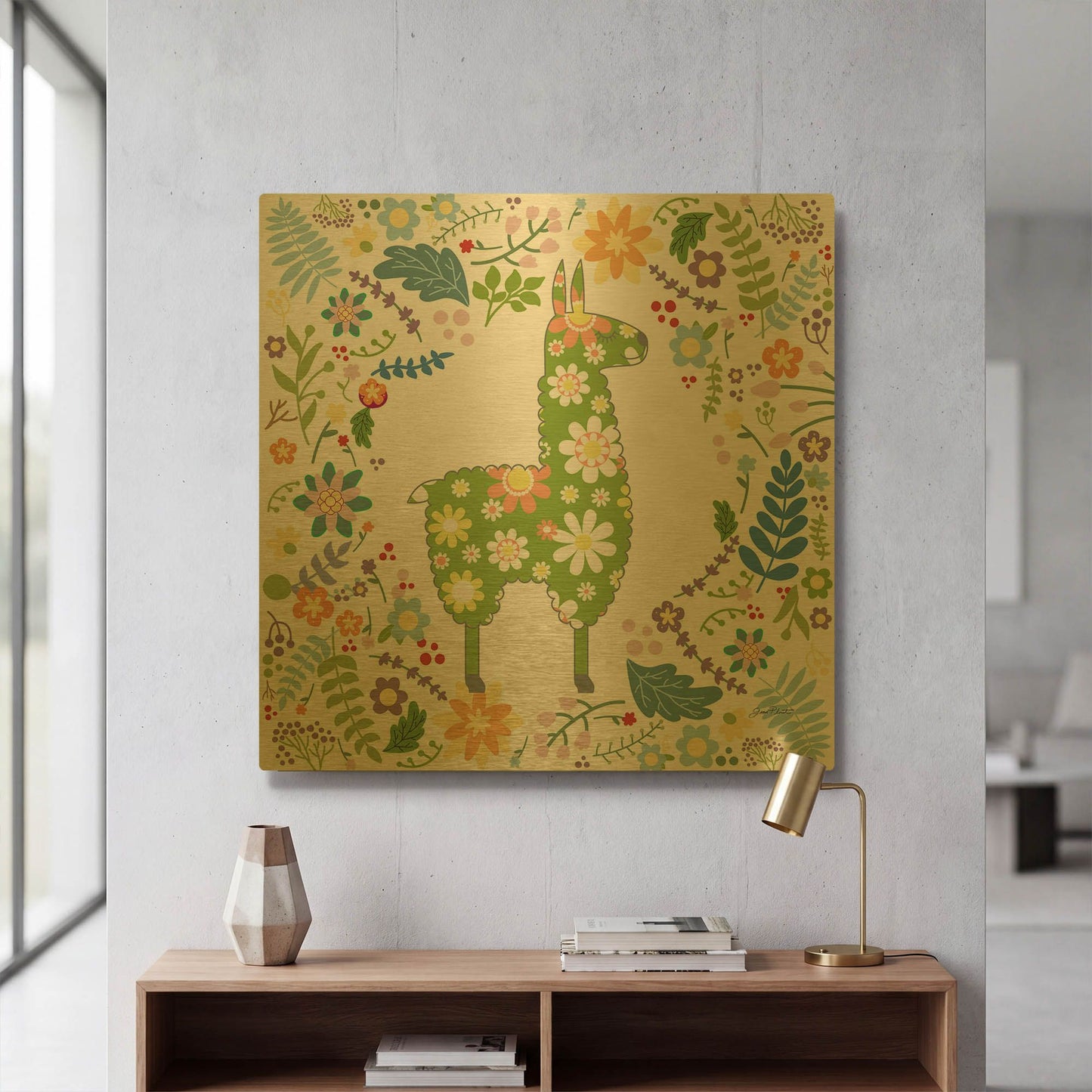 'Retro Llamas A' By Jean Plout Gold Metal Wall Art