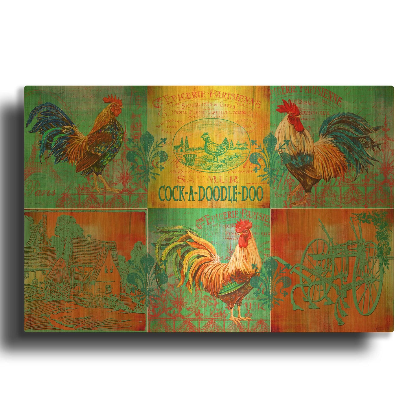 'Rooster Set 2' By Jean Plout Gold Metal Wall Art
