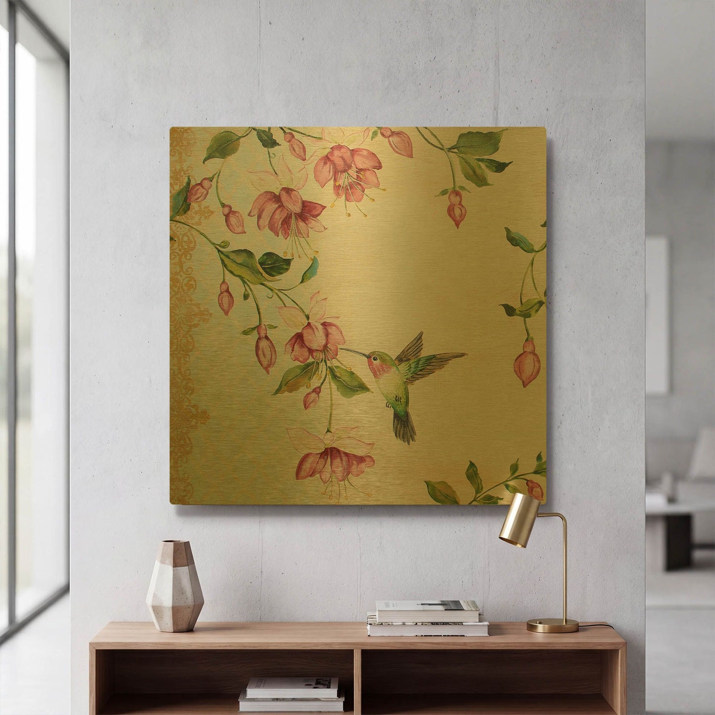 'Rubys Among The Fushias A' By Jean Plout Gold Metal Wall Art