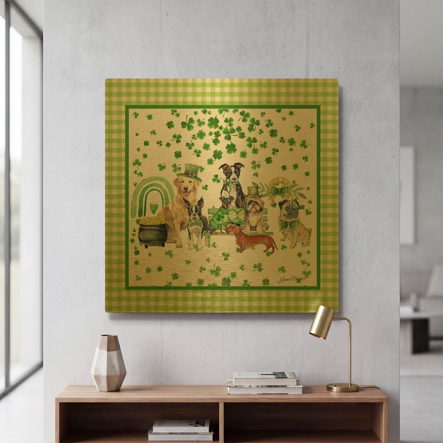 'Saint Patrick Dogs A1' By Jean Plout Gold Metal Wall Art