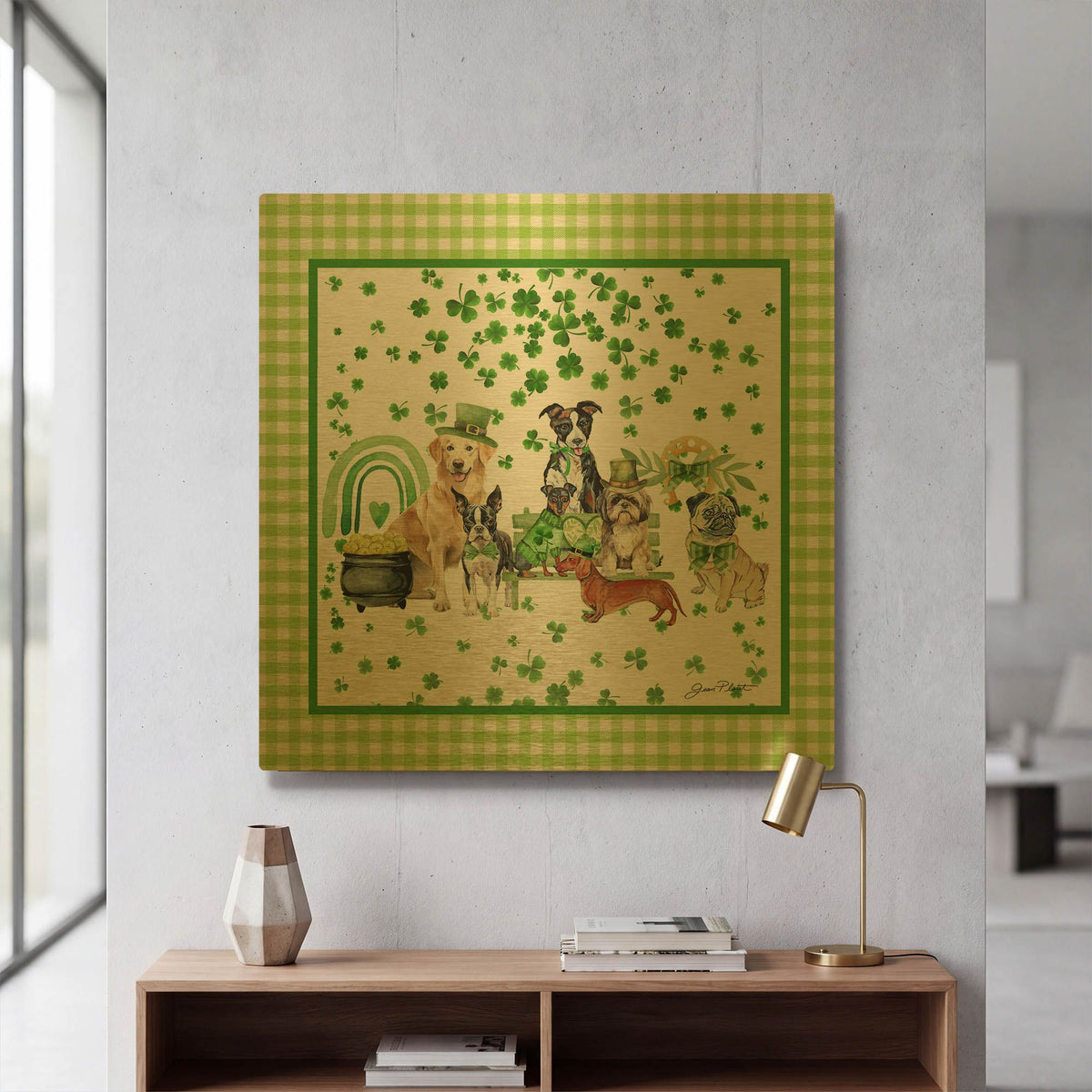 'Saint Patrick Dogs A1' By Jean Plout Gold Metal Wall Art