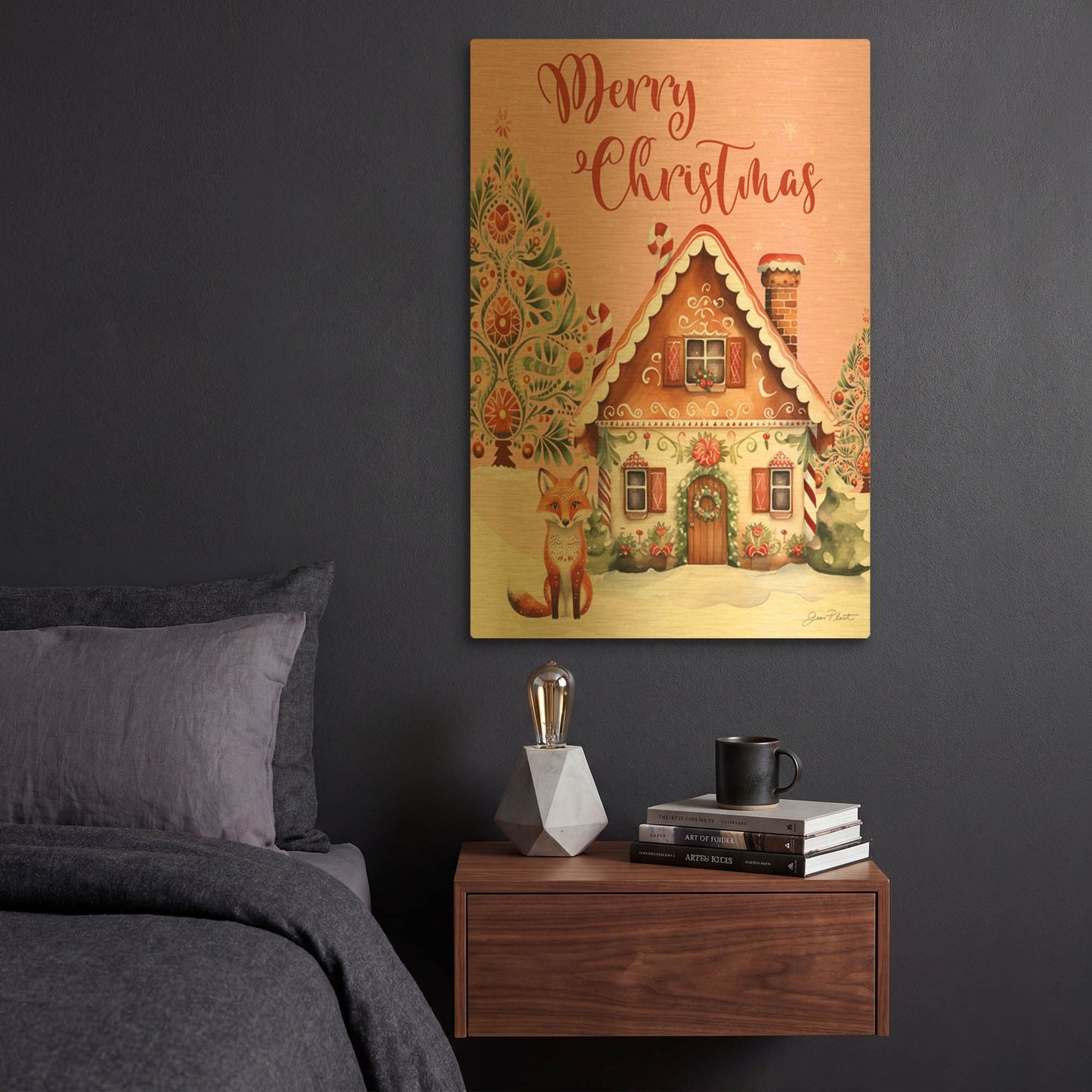 'Scandinavian Christmas Cottage' By Jean Plout Gold Metal Wall Art