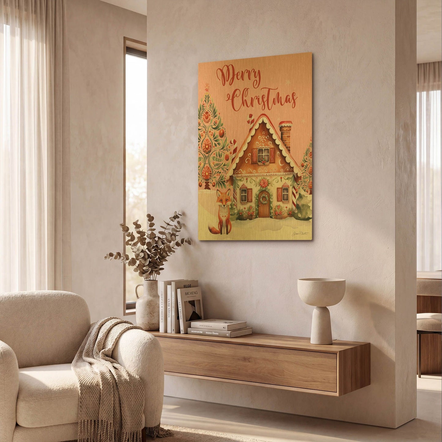 'Scandinavian Christmas Cottage' By Jean Plout Gold Metal Wall Art
