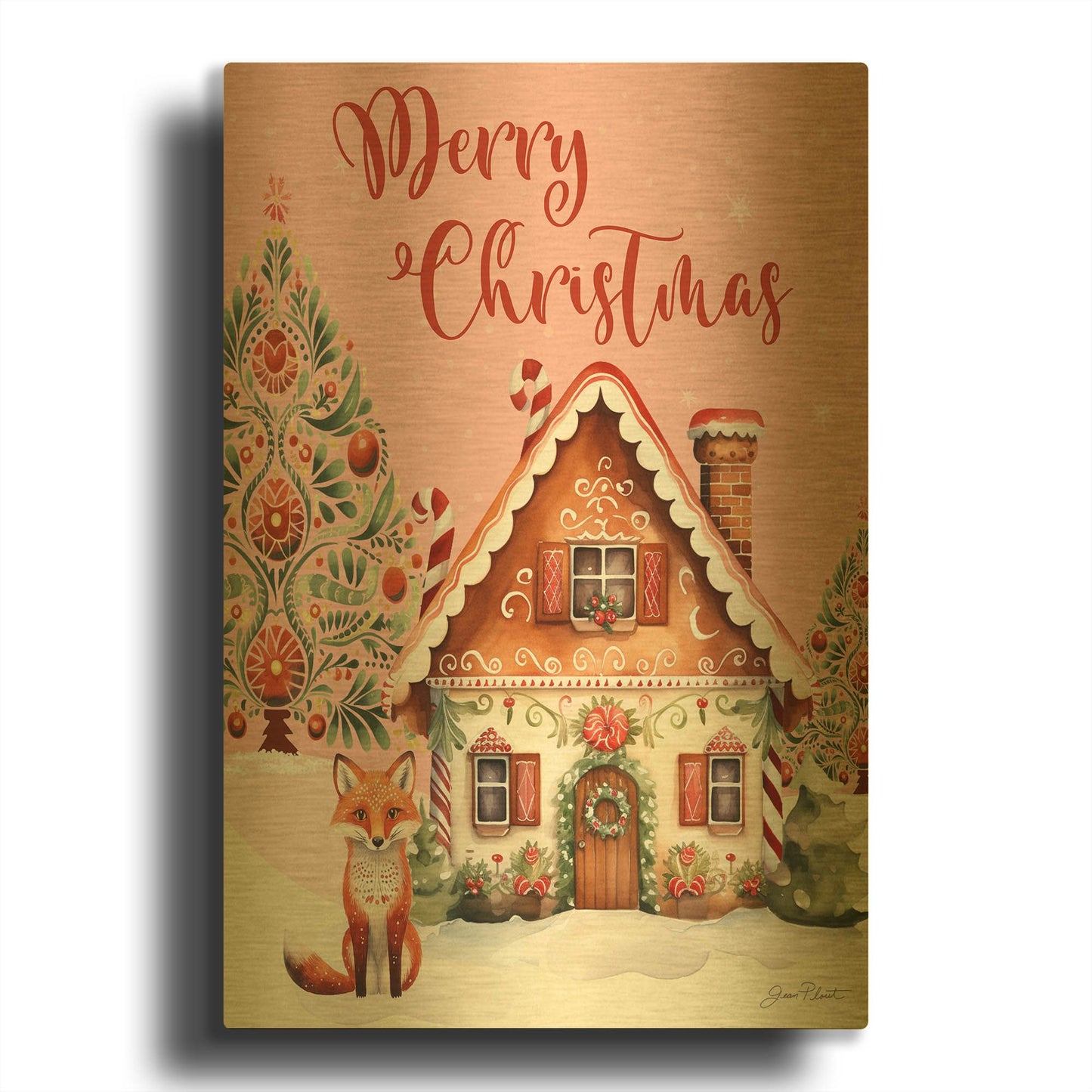 'Scandinavian Christmas Cottage' By Jean Plout Gold Metal Wall Art