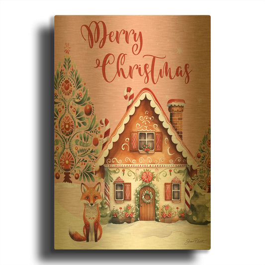 'Scandinavian Christmas Cottage' By Jean Plout Gold Metal Wall Art