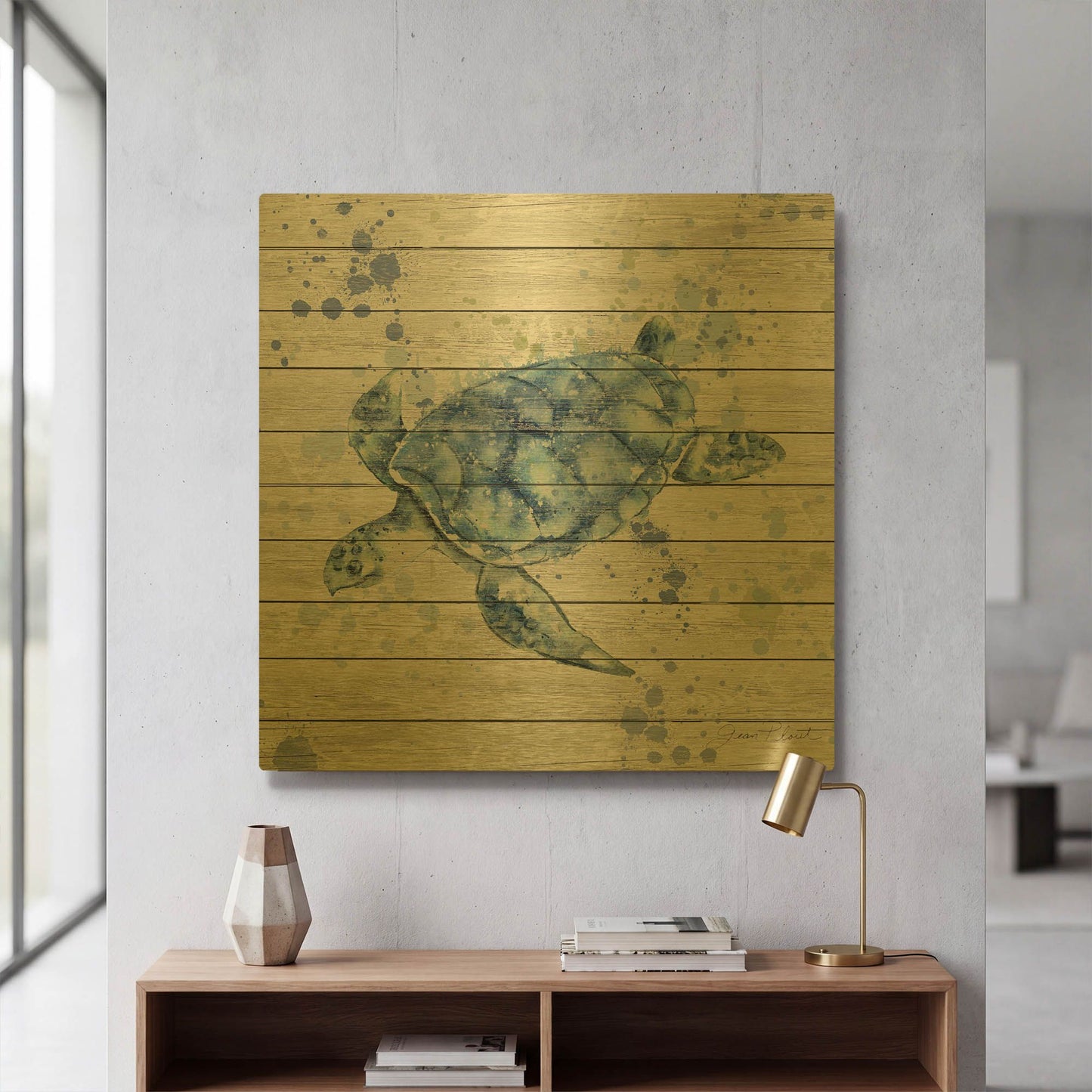 'Sea Turtle On Wood A' By Jean Plout Gold Metal Wall Art