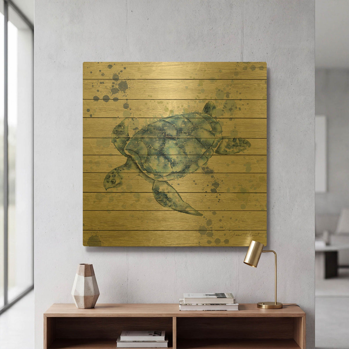 'Sea Turtle On Wood A' By Jean Plout Gold Metal Wall Art