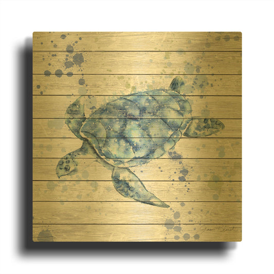 'Sea Turtle On Wood A' By Jean Plout Gold Metal Wall Art