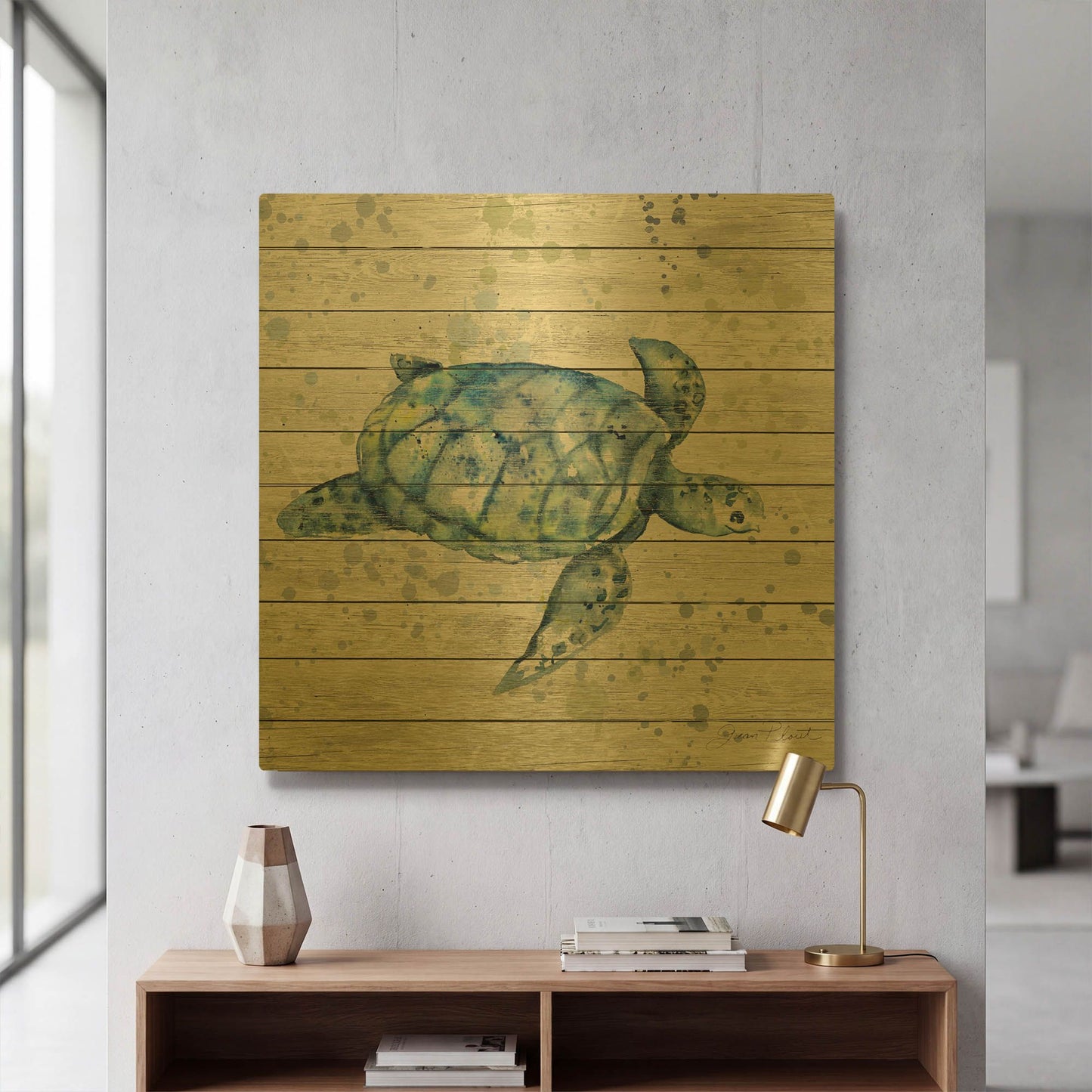 'Sea Turtle On Wood B' By Jean Plout Gold Metal Wall Art