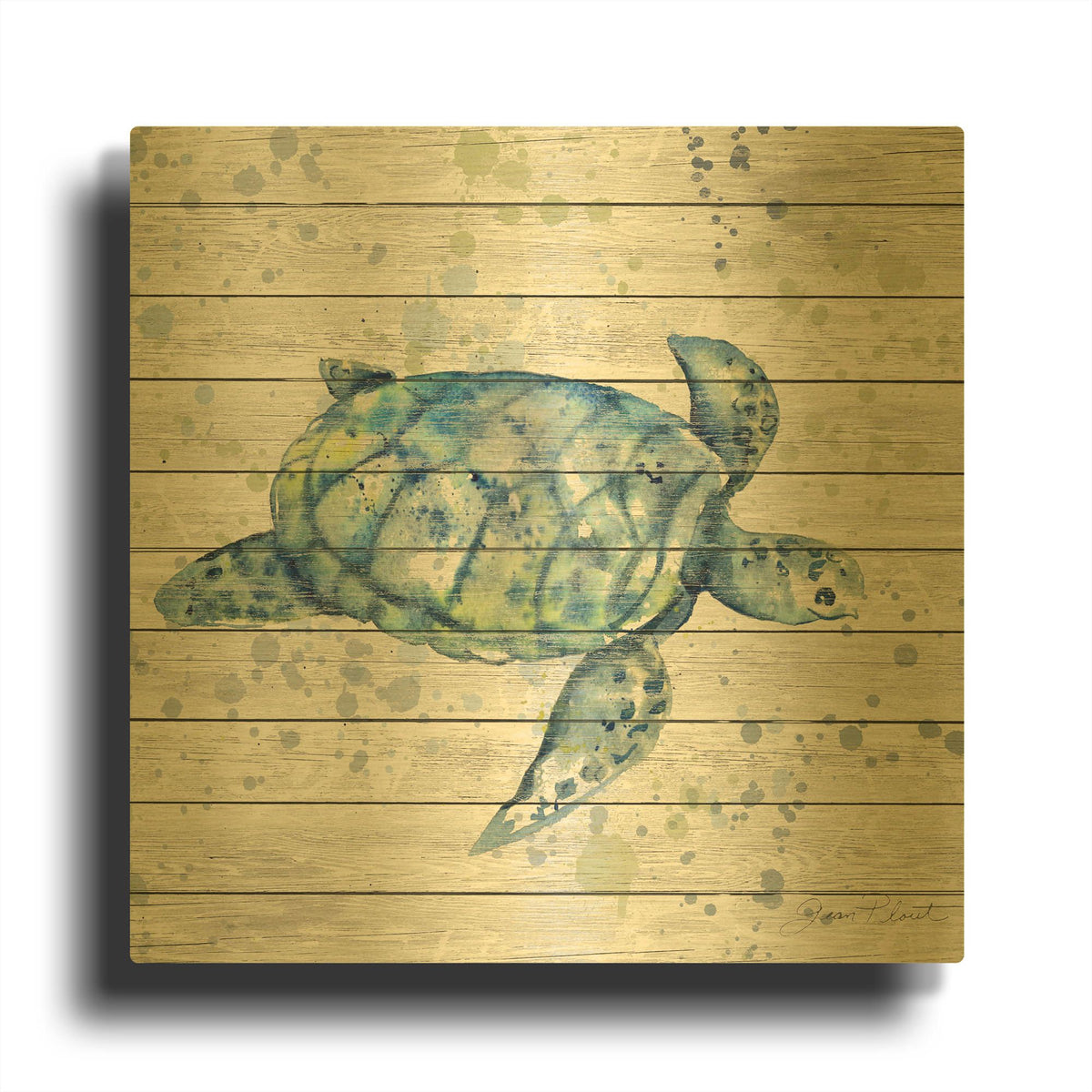 'Sea Turtle On Wood B' By Jean Plout Gold Metal Wall Art