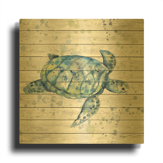 'Sea Turtle On Wood B' By Jean Plout Gold Metal Wall Art