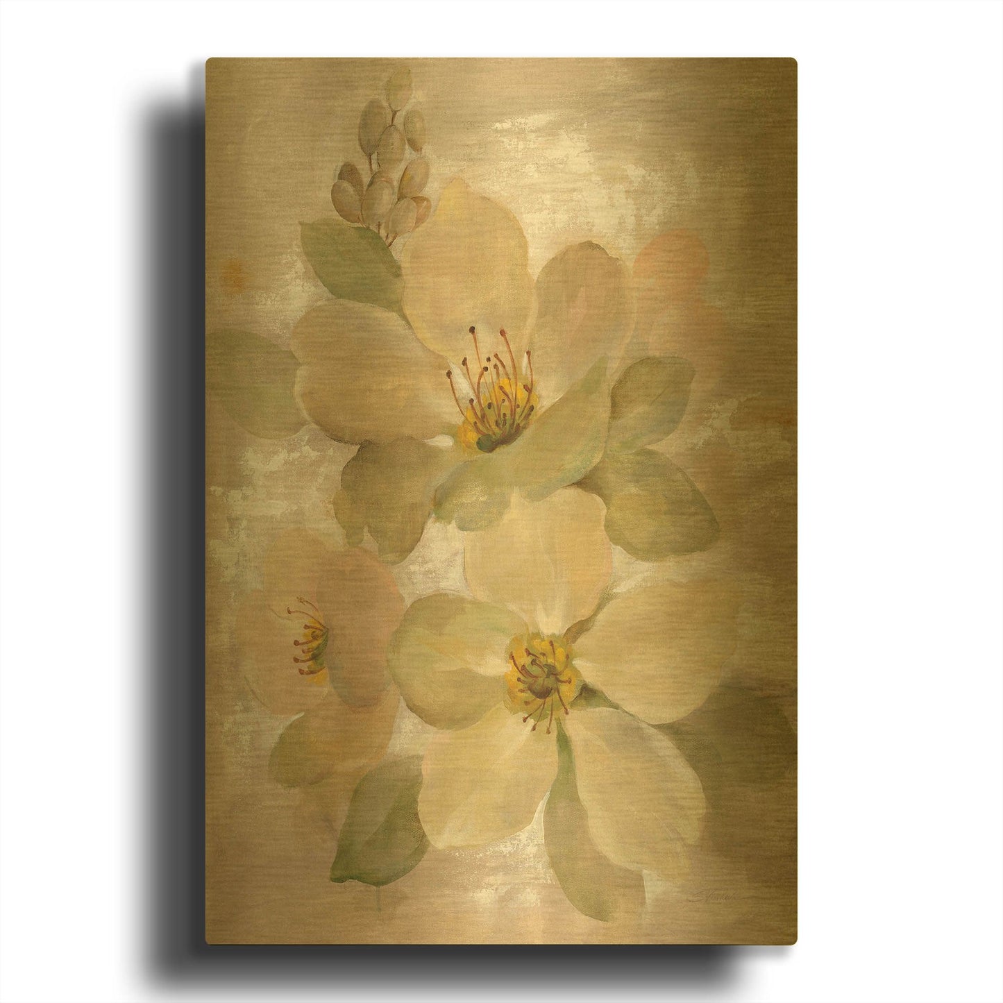 'White on White Floral I' By Silvia Vassileva Gold Metal Wall Art