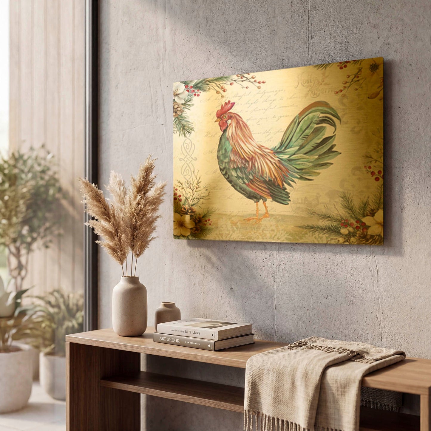 'Seasonal Rooster 13' By Jean Plout Gold Metal Wall Art
