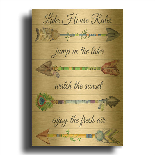 'Sentimental Arrows Lake House Rules' By Jean Plout Gold Metal Wall Art