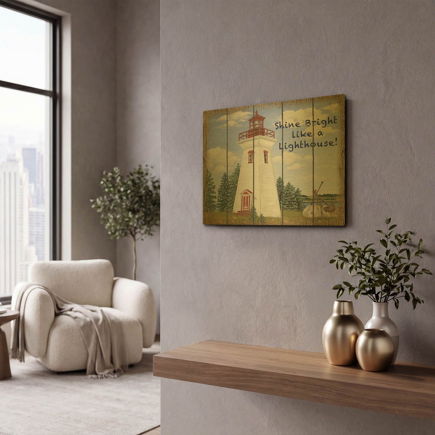 'Shine Bright Lighthouse' By Jean Plout Gold Metal Wall Art