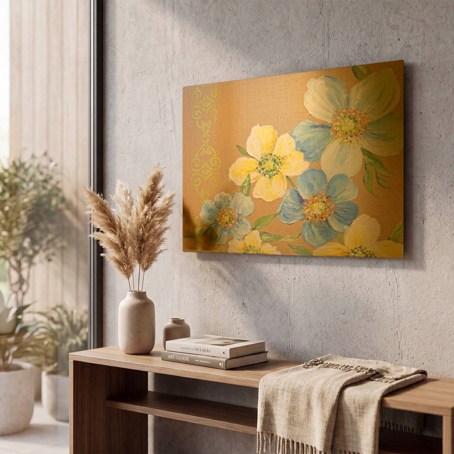 'Spring Florals On Burlap A' By Jean Plout Gold Metal Wall Art