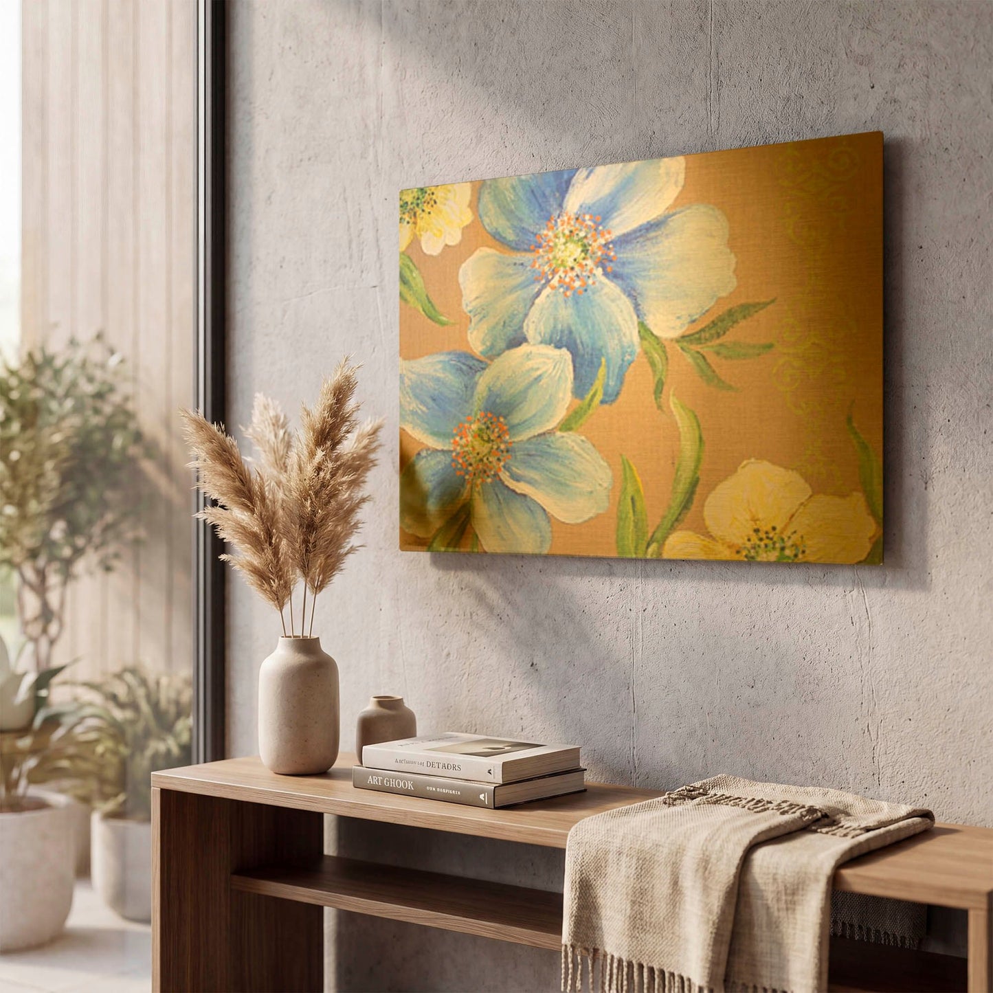 'Spring Florals On Burlap B' By Jean Plout Gold Metal Wall Art