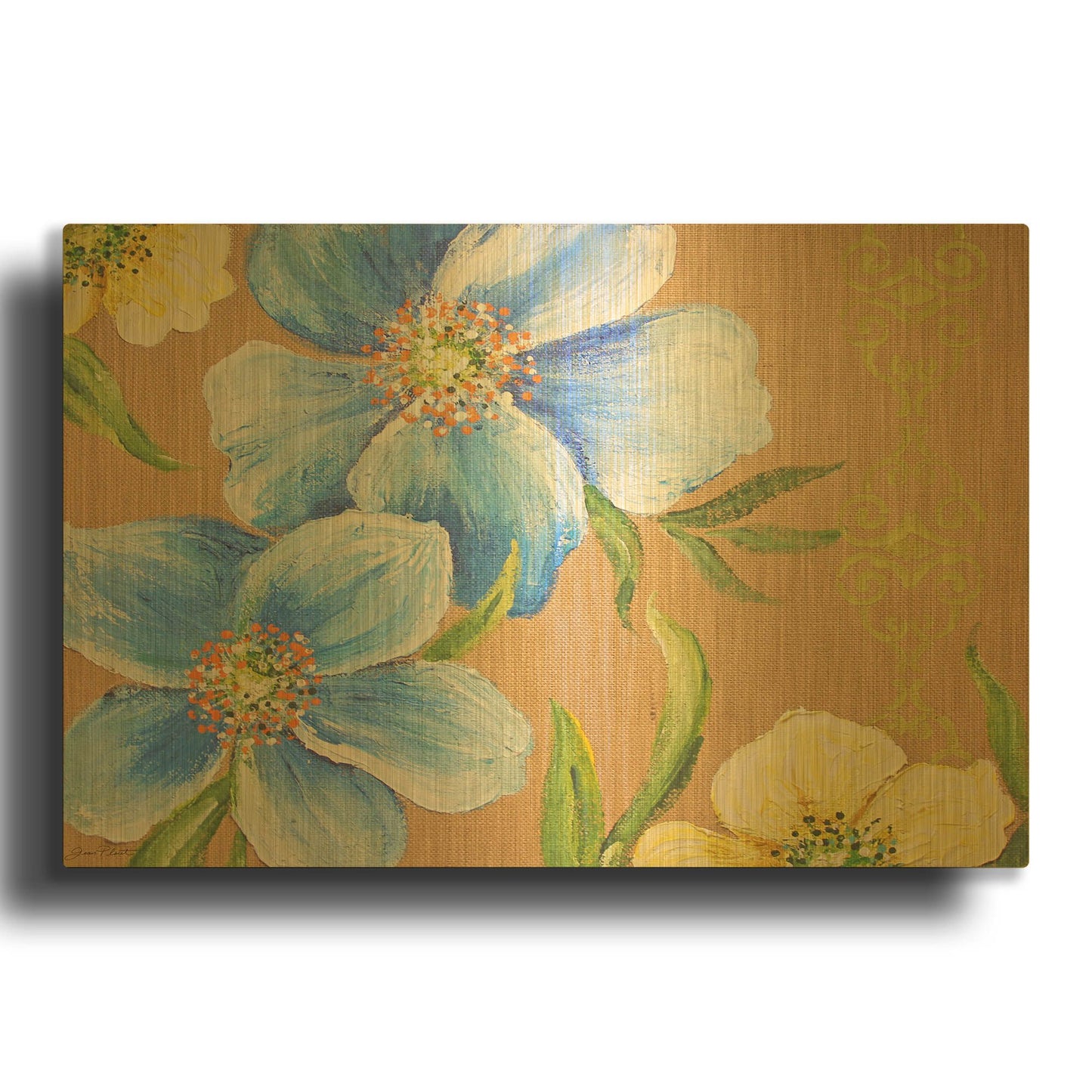 'Spring Florals On Burlap B' By Jean Plout Gold Metal Wall Art