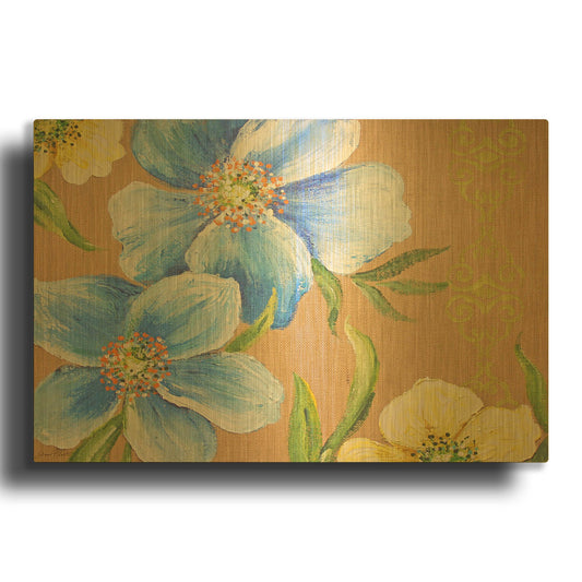 'Spring Florals On Burlap B' By Jean Plout Gold Metal Wall Art