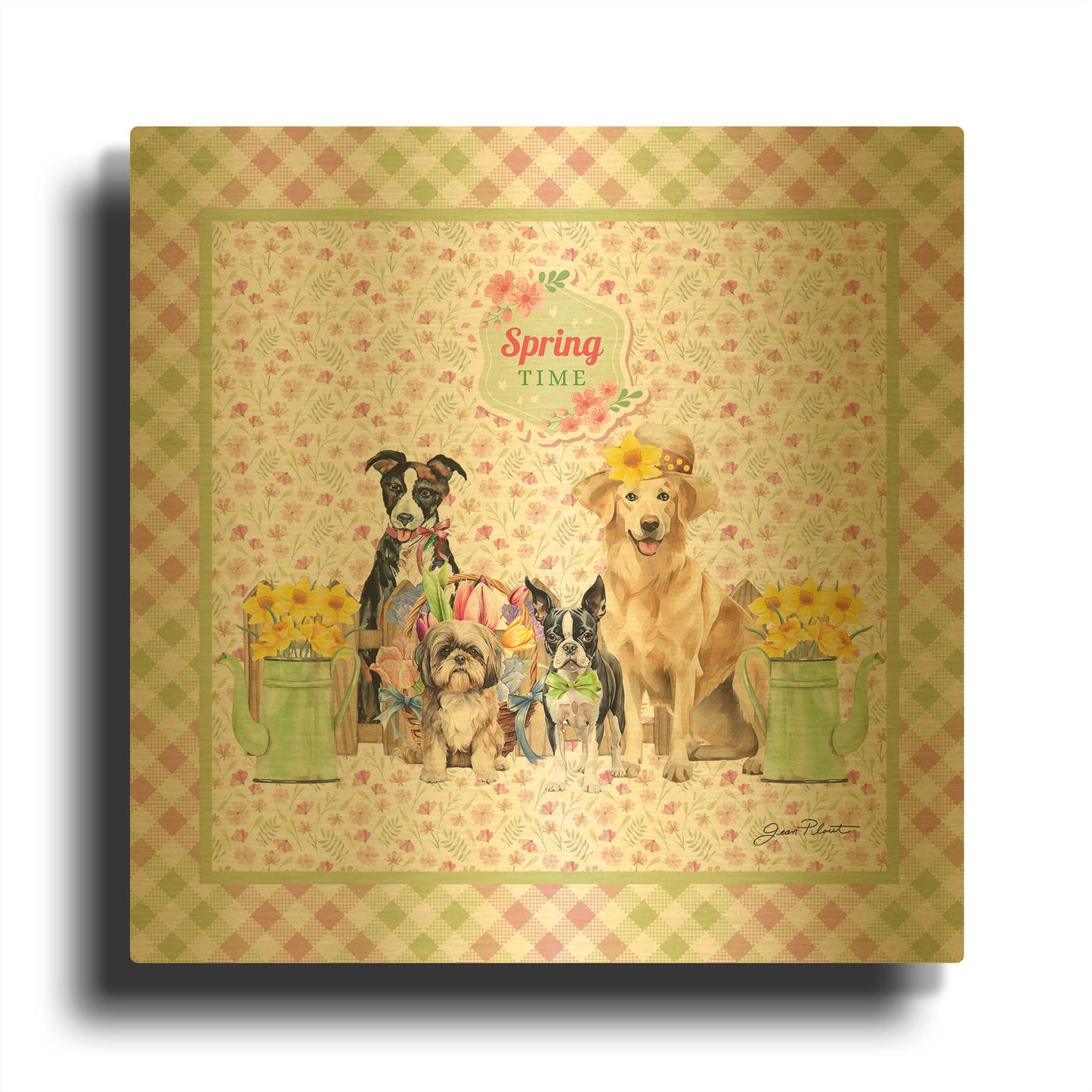 'Springtime Dogs A1' By Jean Plout Gold Metal Wall Art