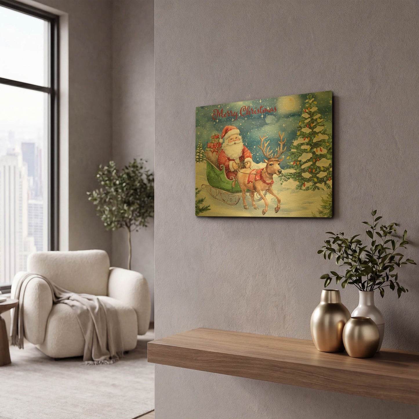 'Starry Night Christmas With Santa 5324' By Jean Plout Gold Metal Wall Art