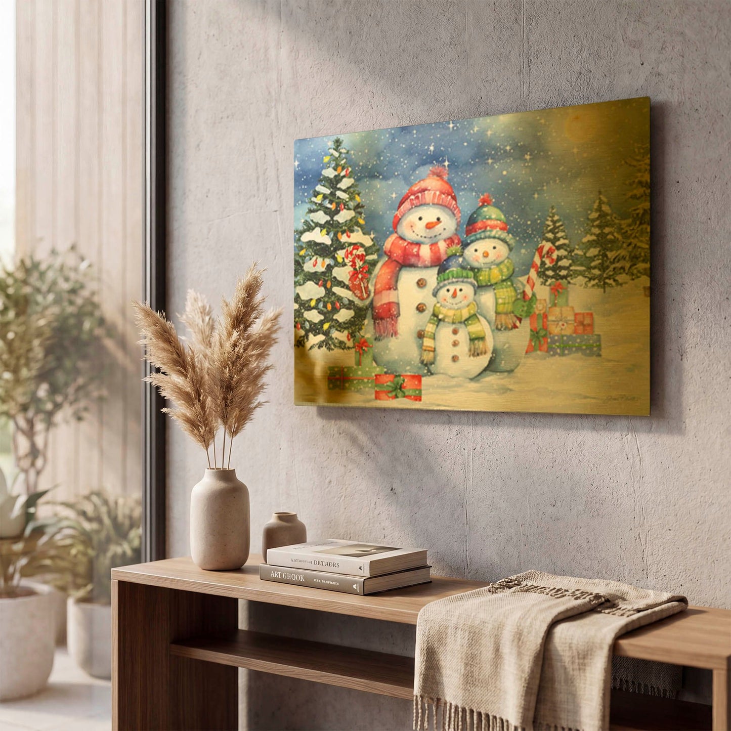 'Starry Night Christmas With Snowmen 5324' By Jean Plout Gold Metal Wall Art