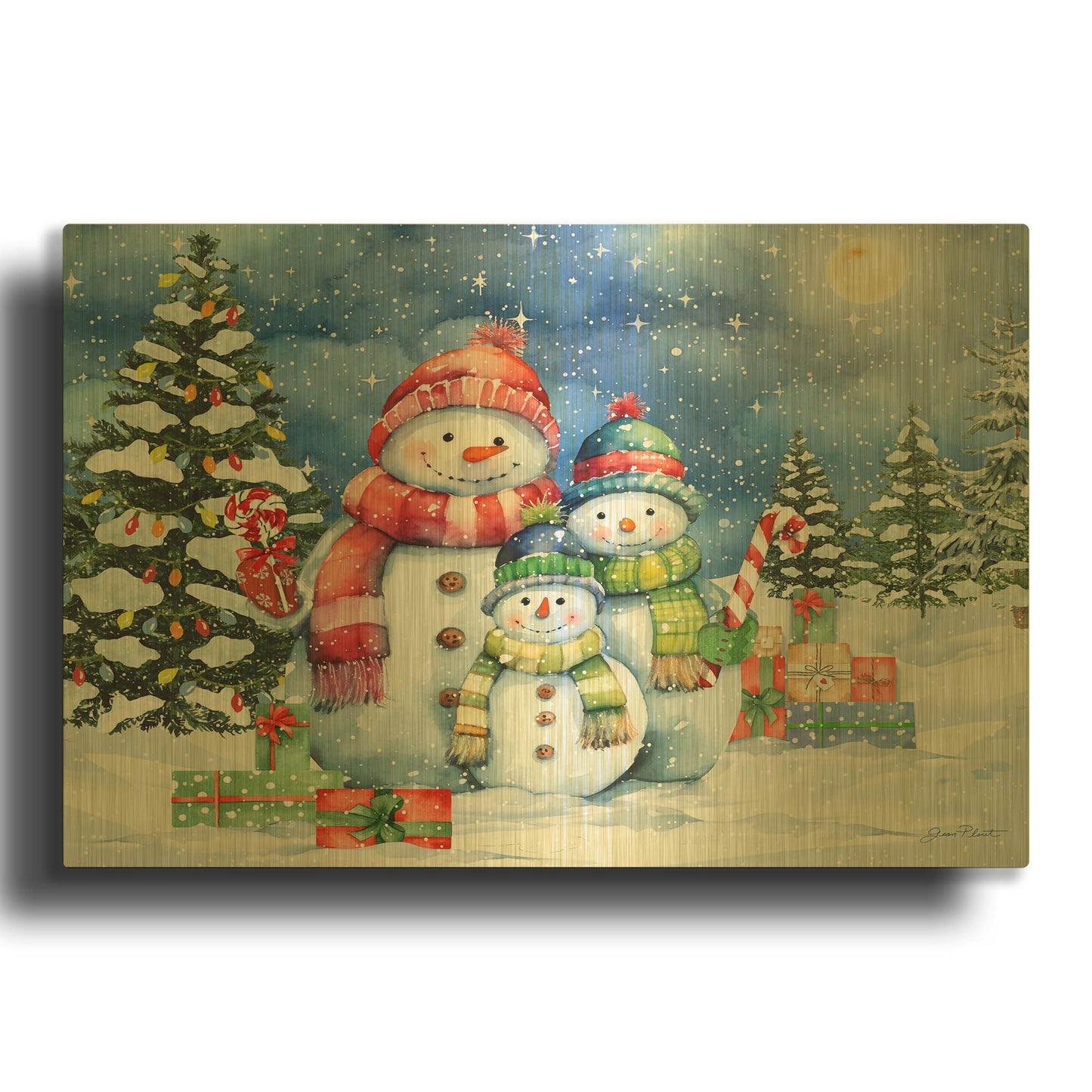 'Starry Night Christmas With Snowmen 5324' By Jean Plout Gold Metal Wall Art