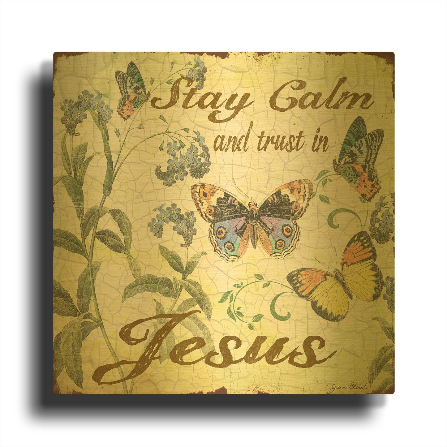 'Stay Calm Jesus Butterflies' By Jean Plout Gold Metal Wall Art