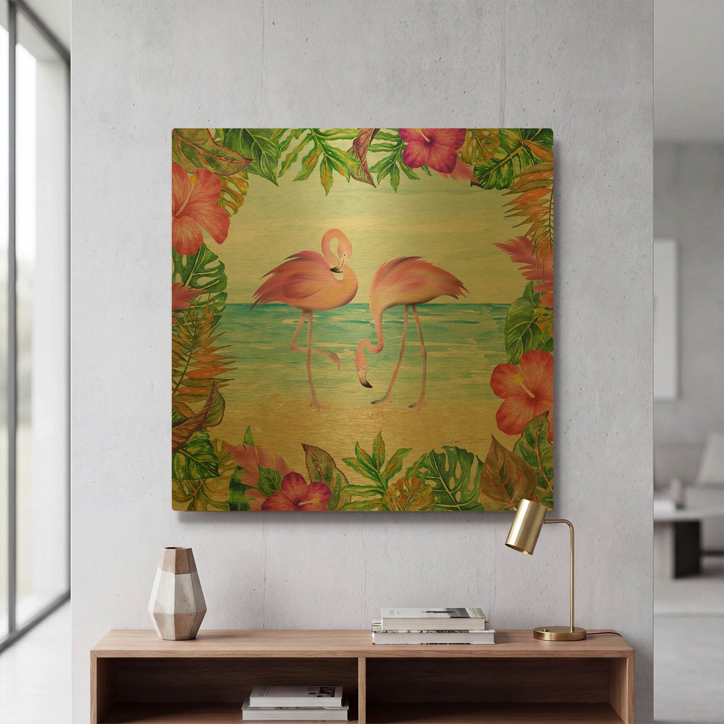 'Summertime Flamingos' By Jean Plout Gold Metal Wall Art
