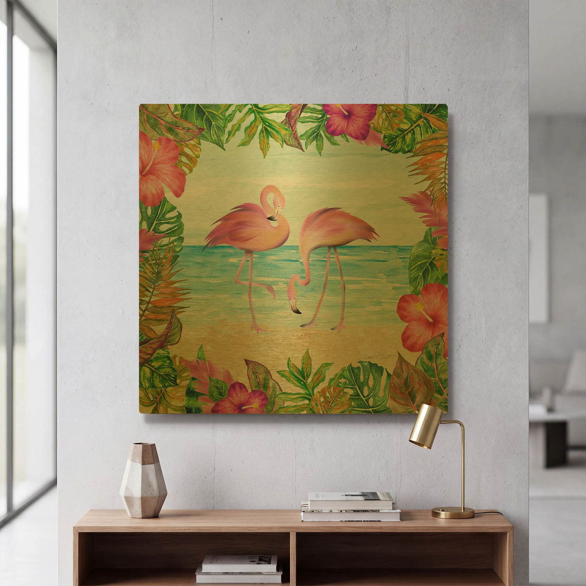 'Summertime Flamingos' By Jean Plout Gold Metal Wall Art