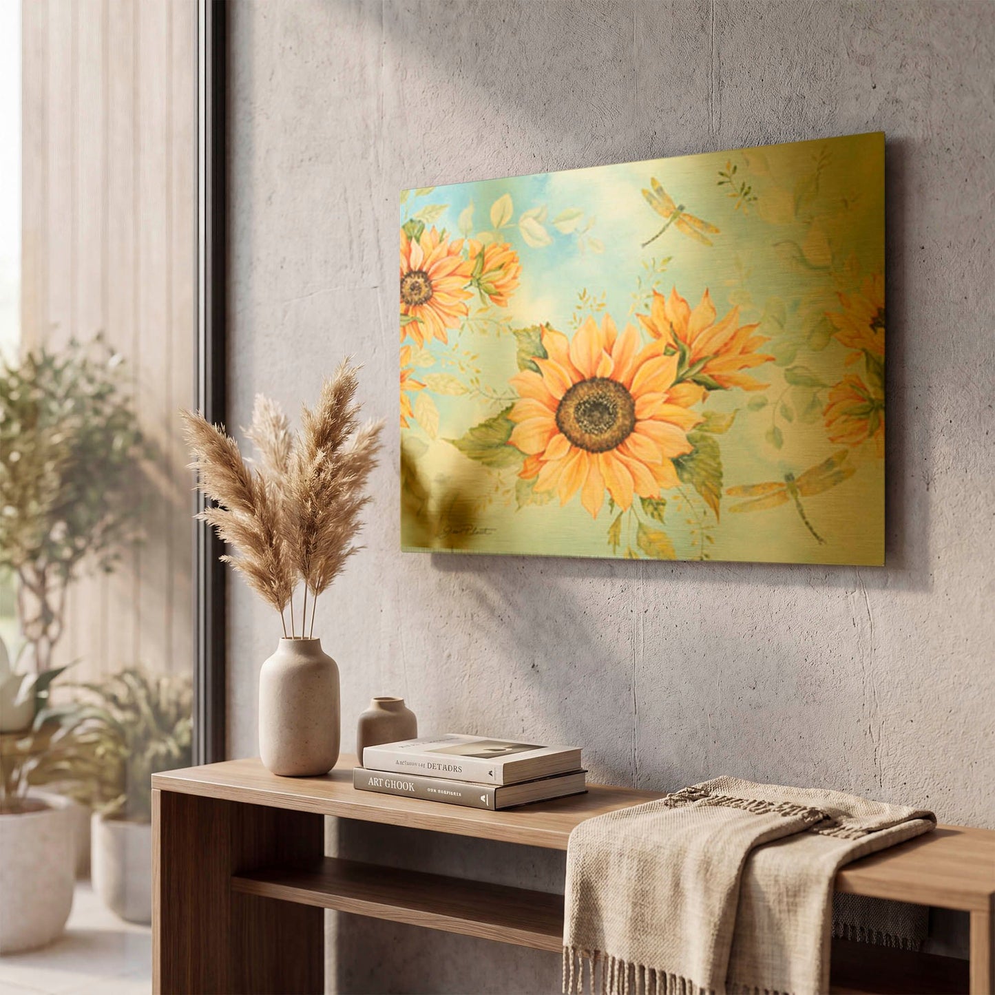 'Sunflowers And Dragonfly Garden A' By Jean Plout Gold Metal Wall Art