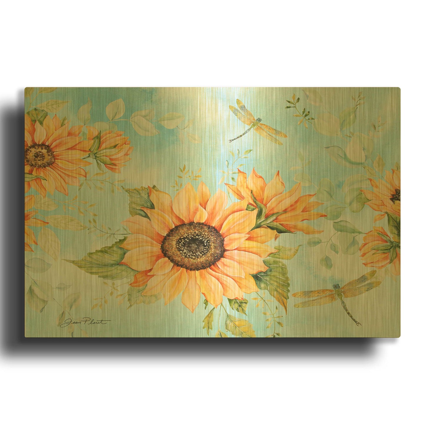 'Sunflowers And Dragonfly Garden A' By Jean Plout Gold Metal Wall Art