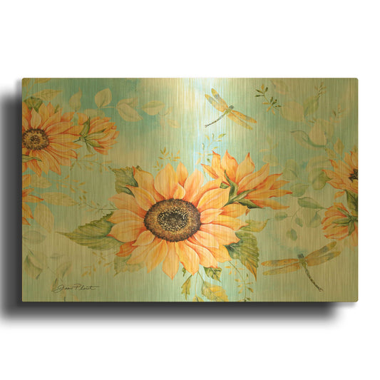 'Sunflowers And Dragonfly Garden A' By Jean Plout Gold Metal Wall Art