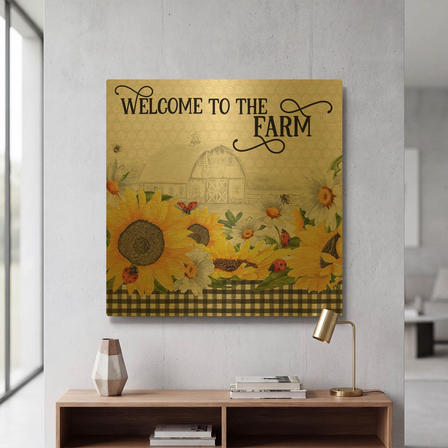 'Sunflowers And Lady Bugs 1' By Jean Plout Gold Metal Wall Art