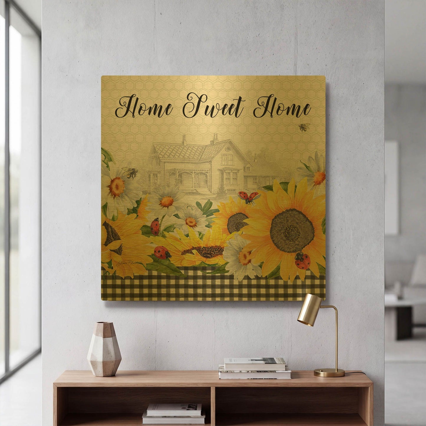 'Sunflowers And Lady Bugs 2' By Jean Plout Gold Metal Wall Art