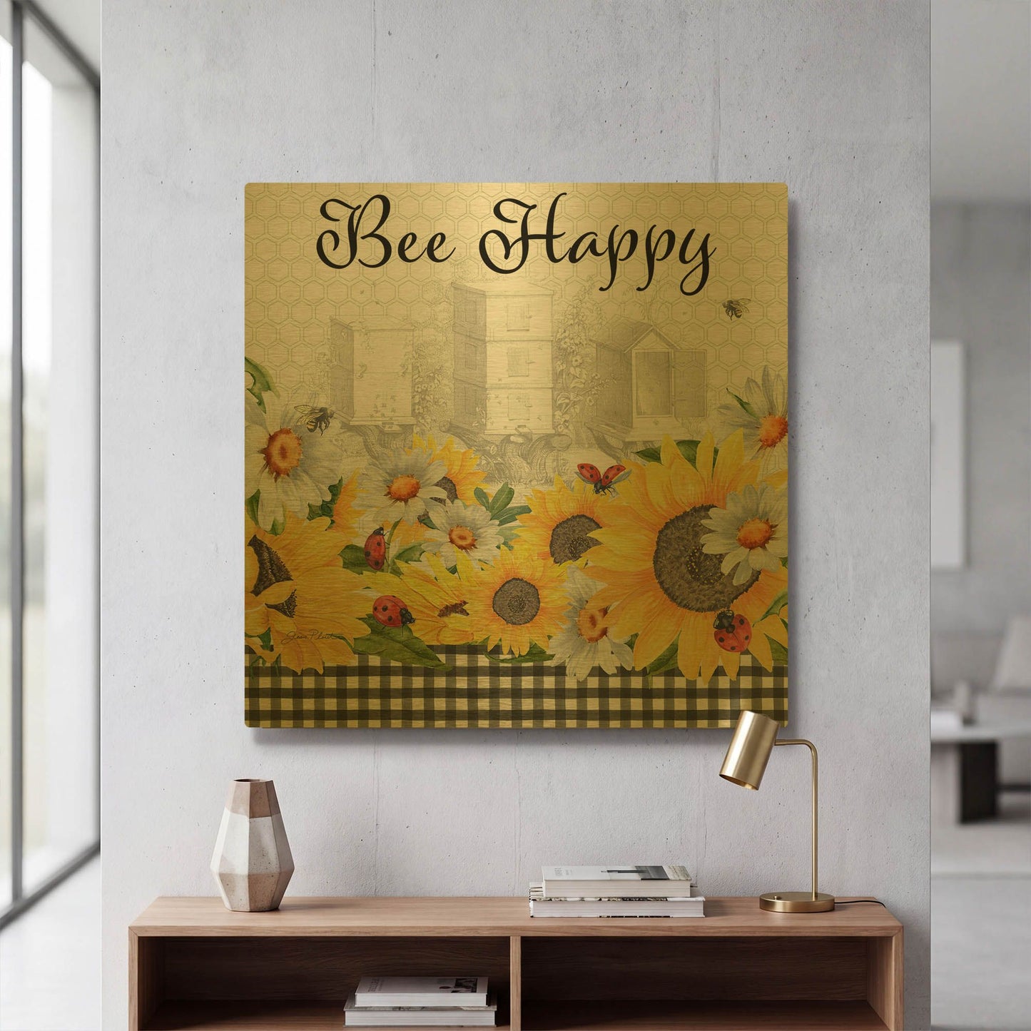 'Sunflowers And Lady Bugs 3' By Jean Plout Gold Metal Wall Art