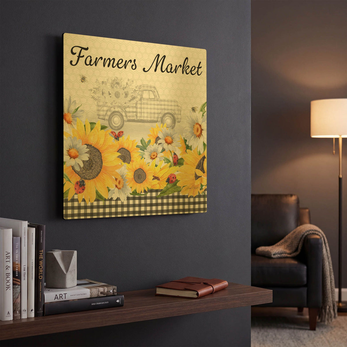 'Sunflowers And Lady Bugs 4' By Jean Plout Gold Metal Wall Art