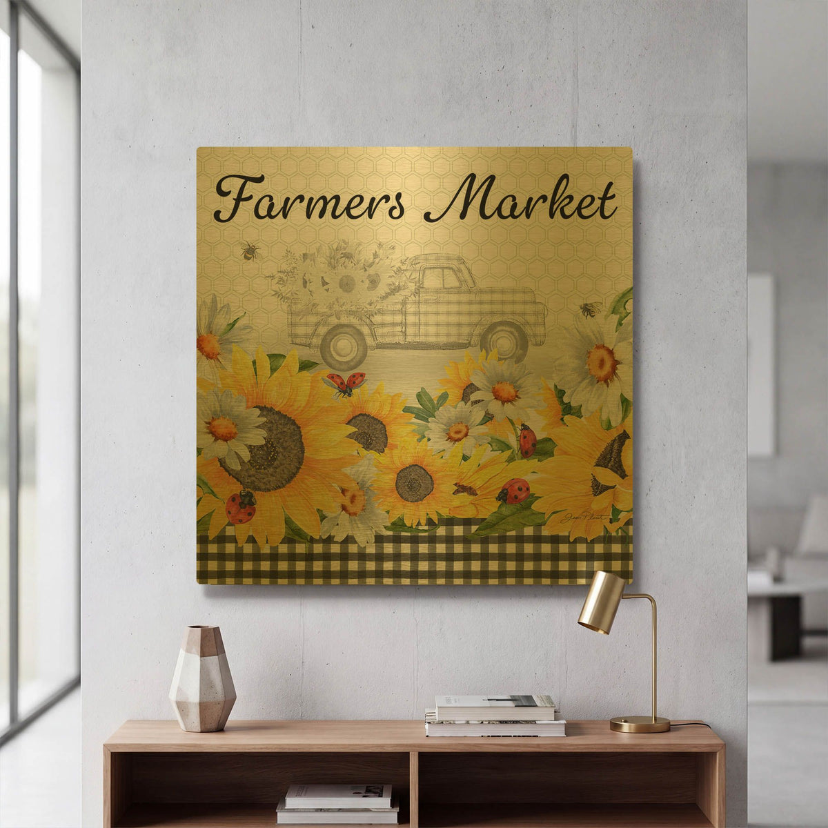 'Sunflowers And Lady Bugs 4' By Jean Plout Gold Metal Wall Art