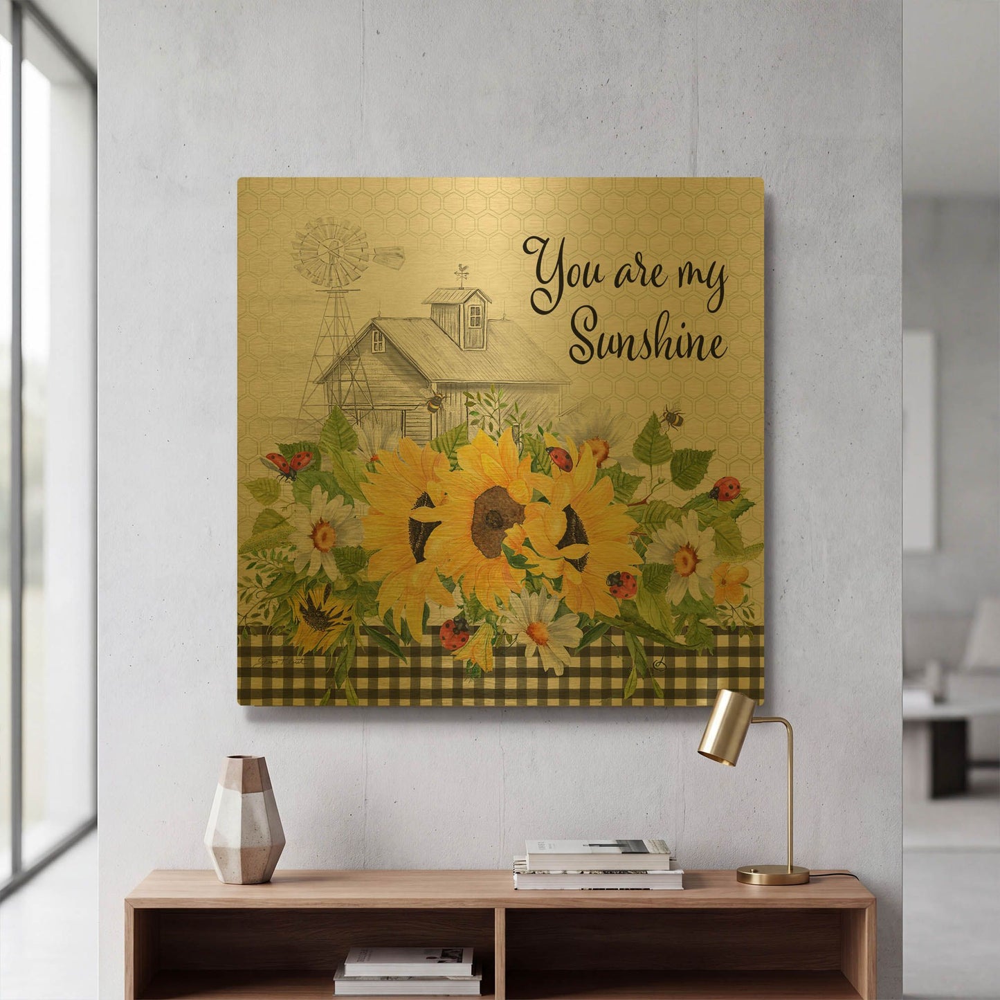 'Sunflowers And Lady Bugs 5' By Jean Plout Gold Metal Wall Art