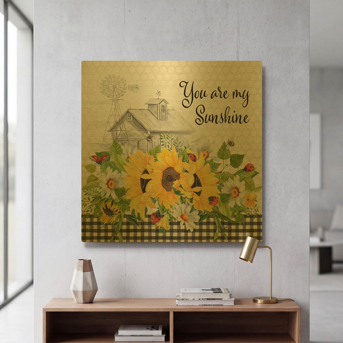 'Sunflowers And Lady Bugs 5' By Jean Plout Gold Metal Wall Art