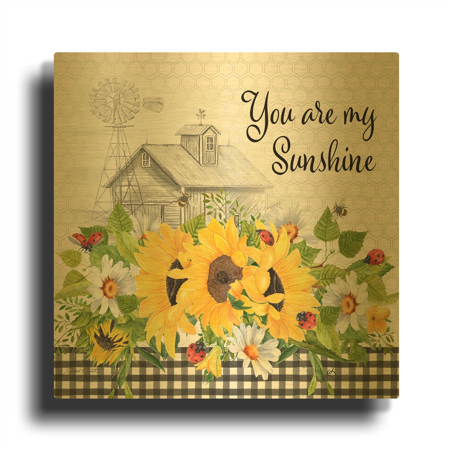 'Sunflowers And Lady Bugs 5' By Jean Plout Gold Metal Wall Art