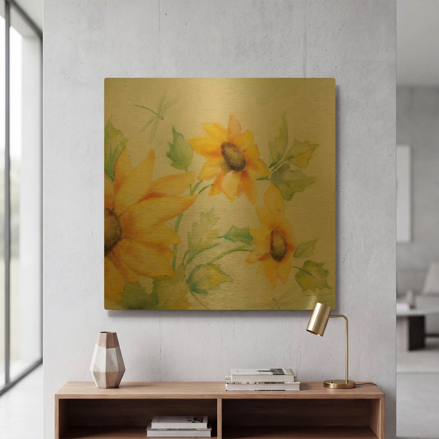 'Sunny Flowers A' By Jean Plout Gold Metal Wall Art