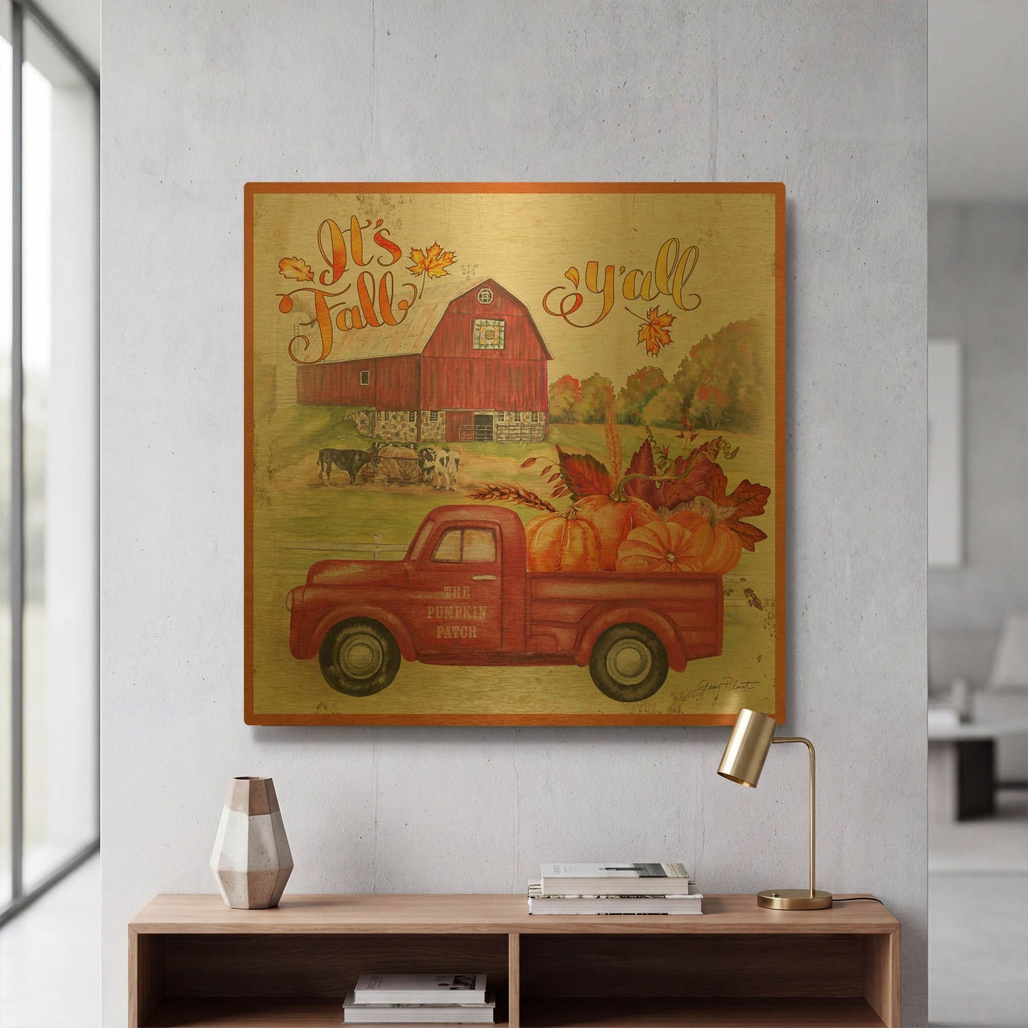 'The Pumpkin Patch Truck A' By Jean Plout Gold Metal Wall Art