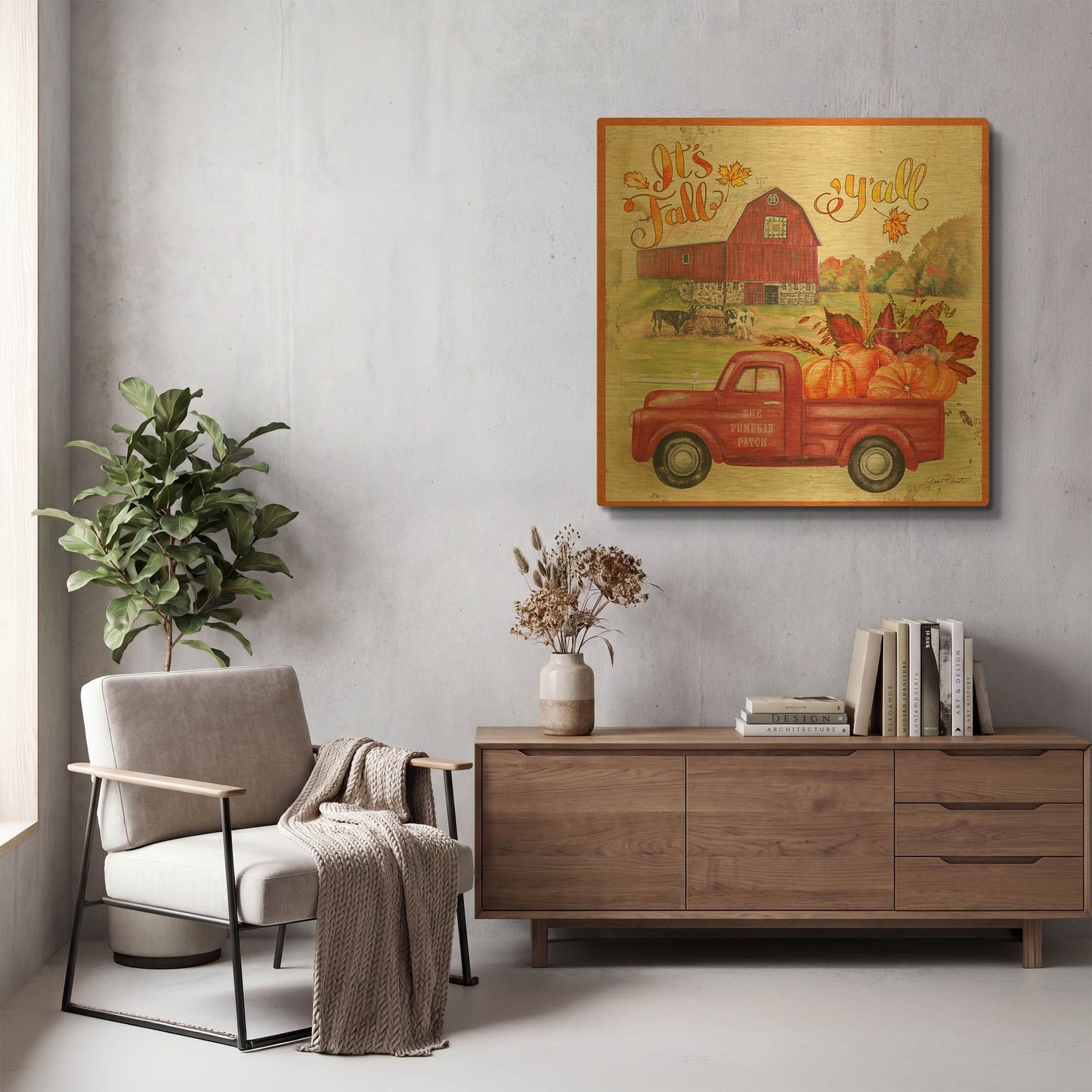 'The Pumpkin Patch Truck A' By Jean Plout Gold Metal Wall Art