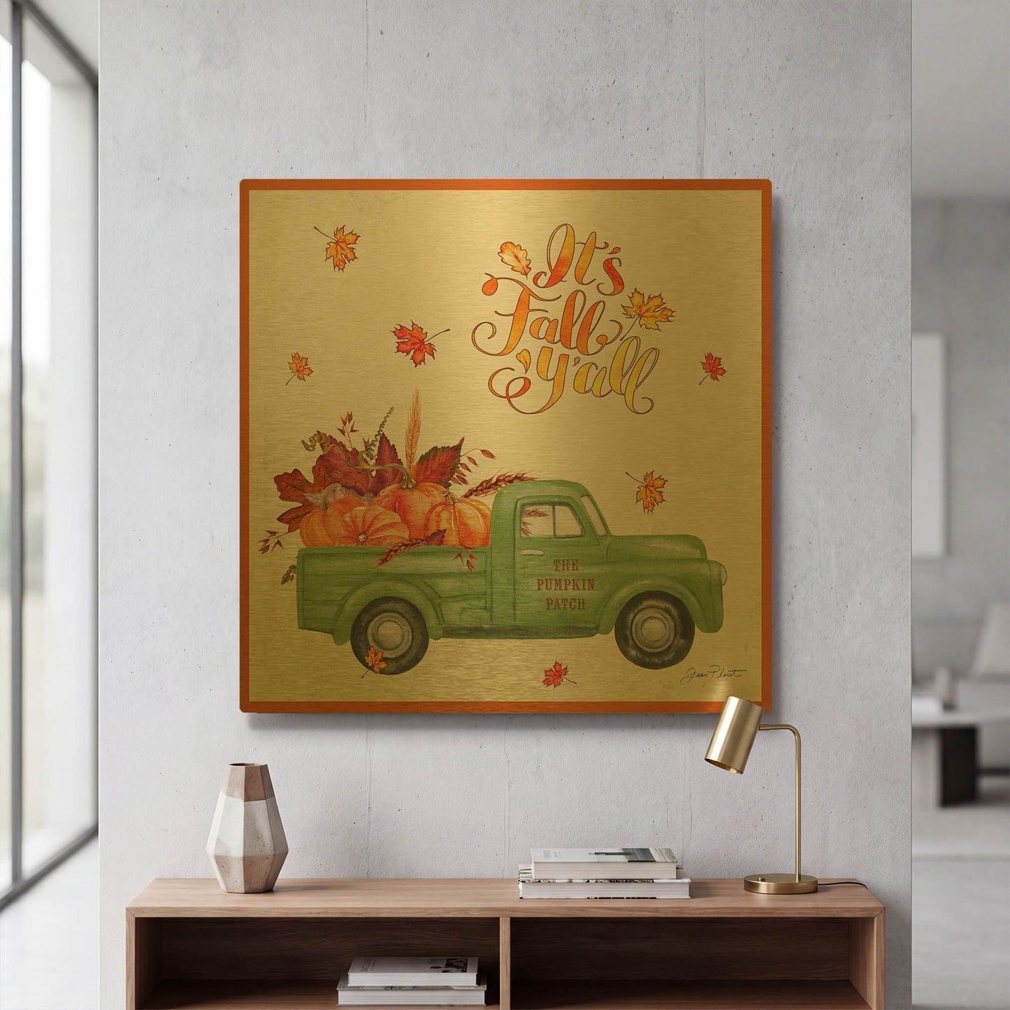 'The Pumpkin Patch Truck B' By Jean Plout Gold Metal Wall Art